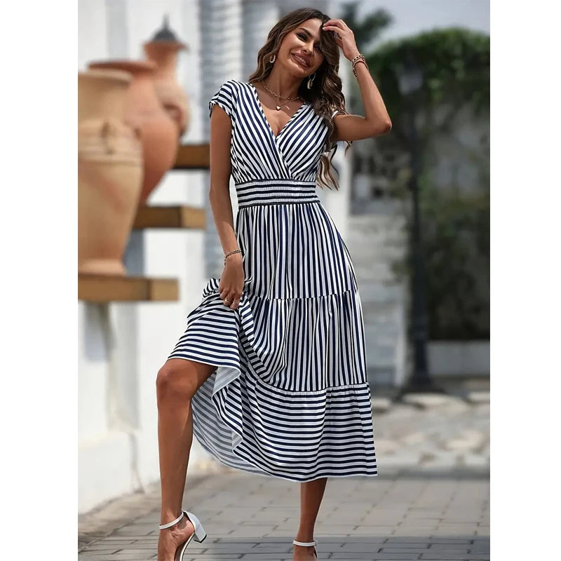 Grace Striped Slope Neck Tank Dress Casual Leeveless in USA.