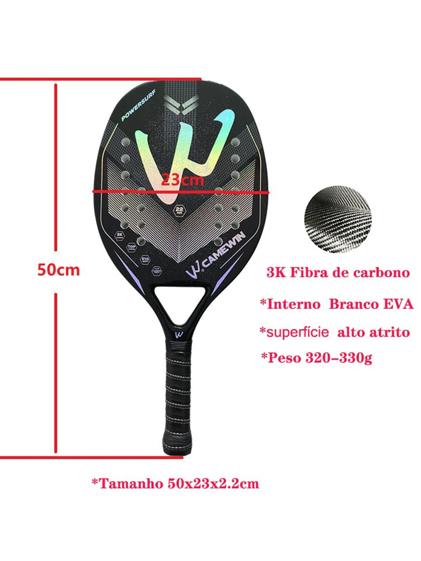 3K Camewin Beach Tennis Racket Full Carbon Fiber Rough Surface Outdoor