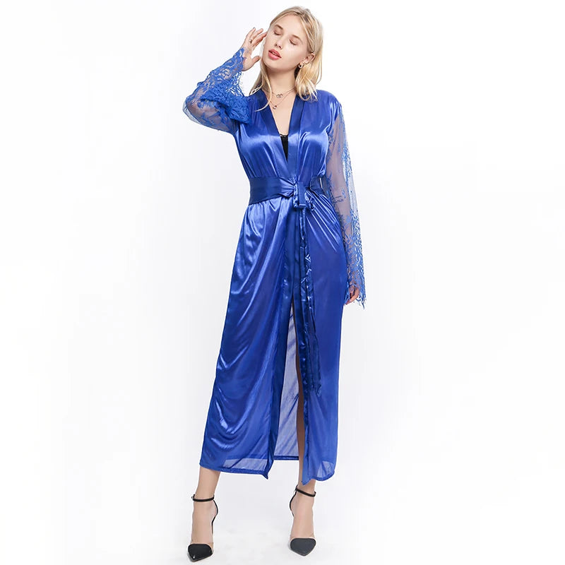 Female Lace Patchwork Long Bathrobes Nightgown Soft in USA