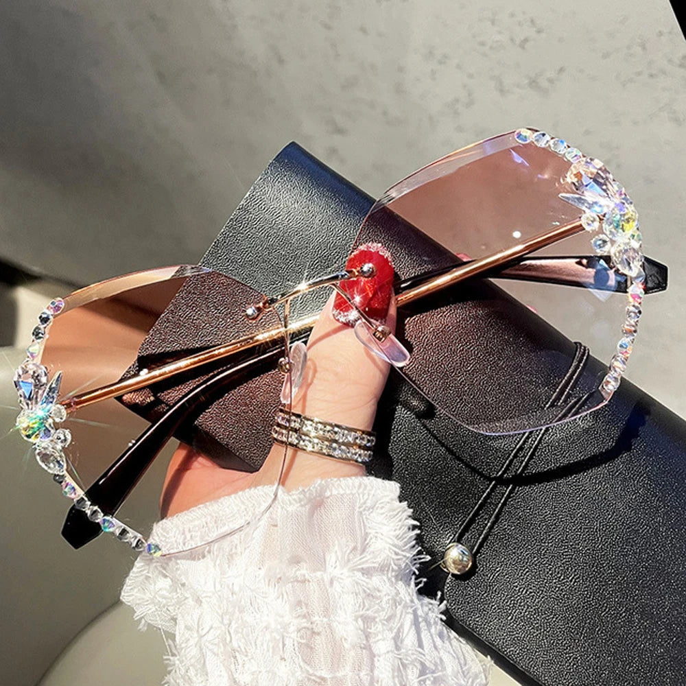 Luxury Brand Design Vintage Rimless Rhinestone Sunglasses Women in USA