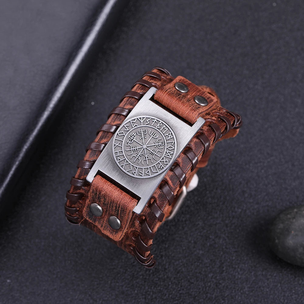 Compass Genuine Leather Bracelet Man Nordic Runes in USA