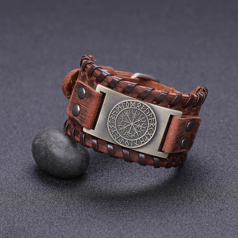 Compass Genuine Leather Bracelet Man Nordic Runes in USA