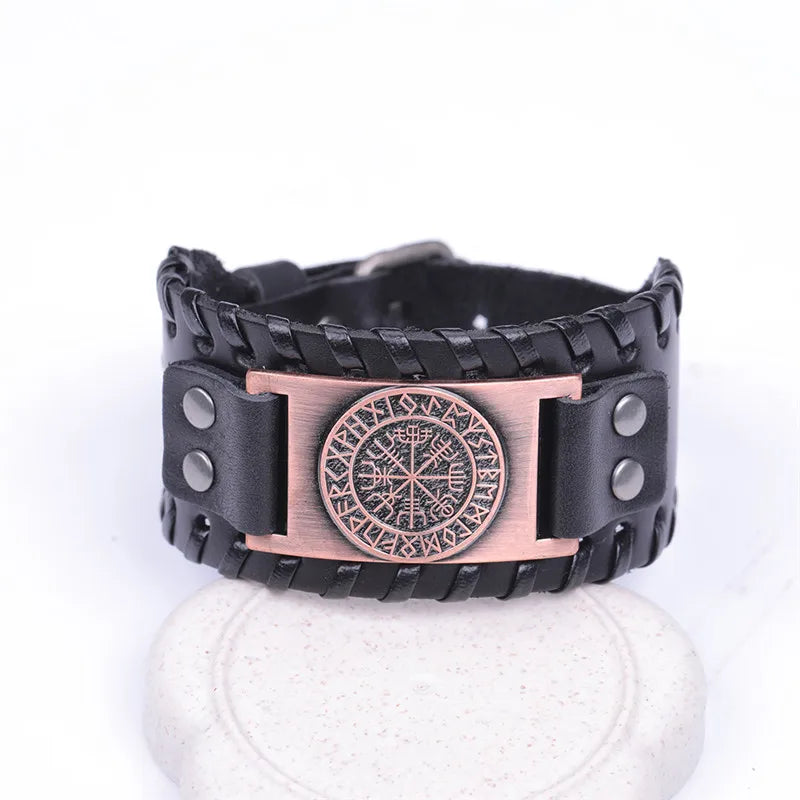 Compass Genuine Leather Bracelet Man Nordic Runes in USA