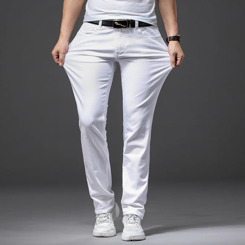 Men White Jeans Fashion Casual Classic Style Slim Fit Soft Trousers in USA