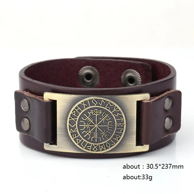 Compass Genuine Leather Bracelet Man Nordic Runes in USA