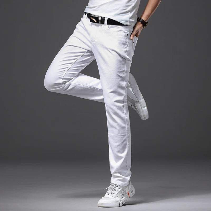 Men White Jeans Fashion Casual Classic Style Slim Fit Soft Trousers in USA