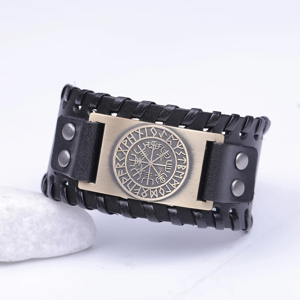 Compass Genuine Leather Bracelet Man Nordic Runes in USA