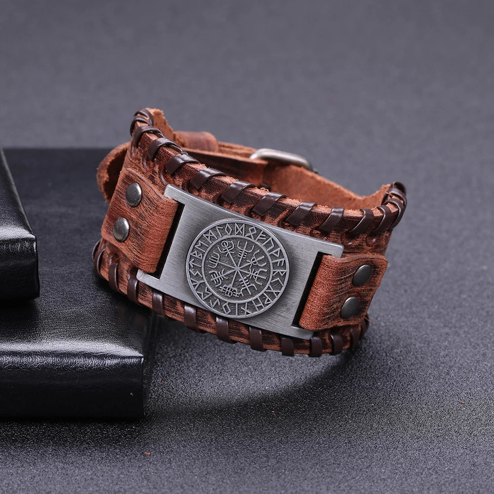 Compass Genuine Leather Bracelet Man Nordic Runes in USA