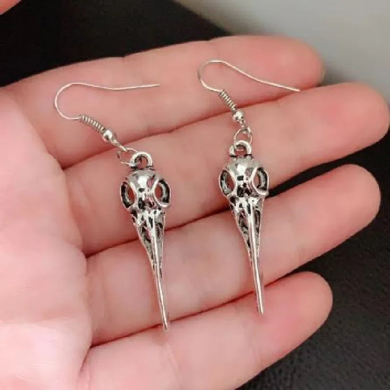 Gothic Bird Dead Crow Moon Earrings Pentagram Crow Skull Halloween Pun