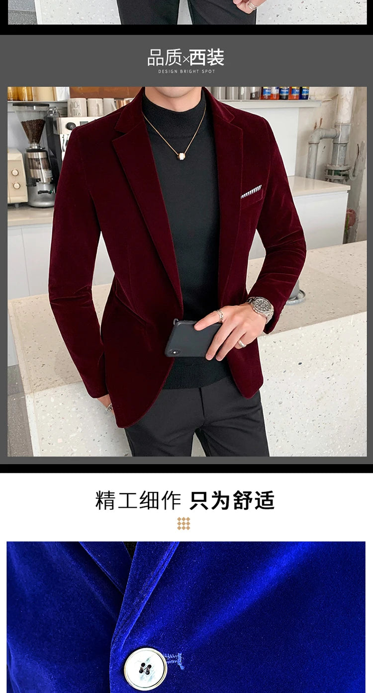 Men Golden velvet suit/Male slim High quality business Blazers in USA