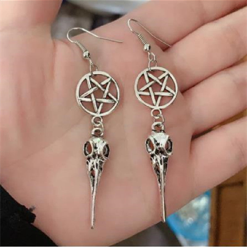 Gothic Bird Dead Crow Moon Earrings Pentagram Crow Skull Halloween Pun