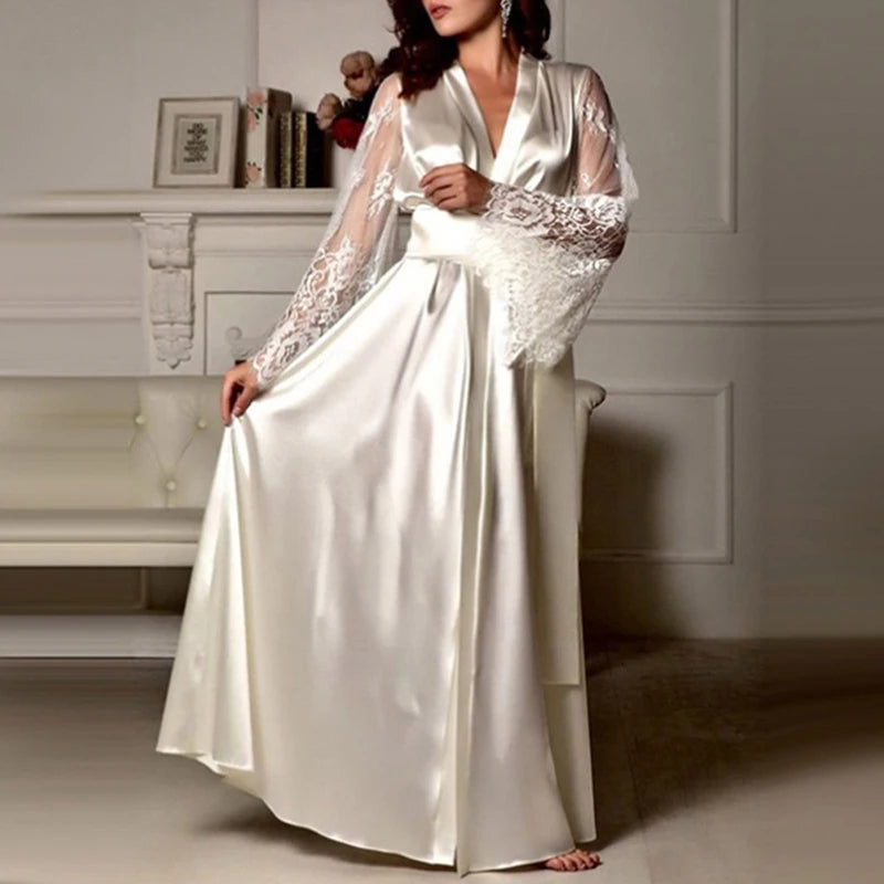 Female Lace Patchwork Long Bathrobes Nightgown Soft in USA