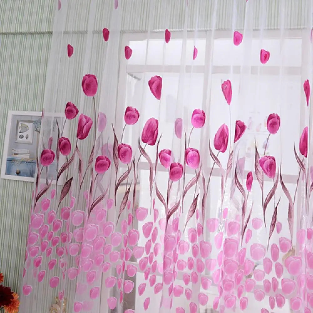 Romantic Window Door Tulip Print Voile Sheer Curtain in USA