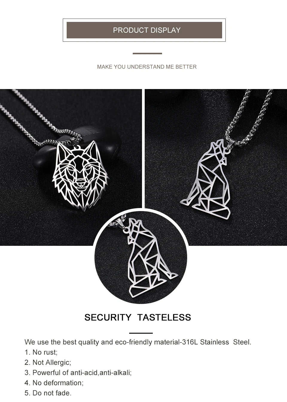 My shape Wolf Necklace Men Women Stainless Steel in USA