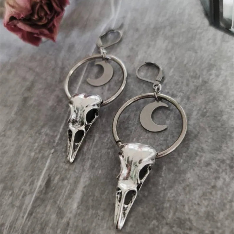 Gothic Bird Dead Crow Moon Earrings Pentagram Crow Skull Halloween Pun