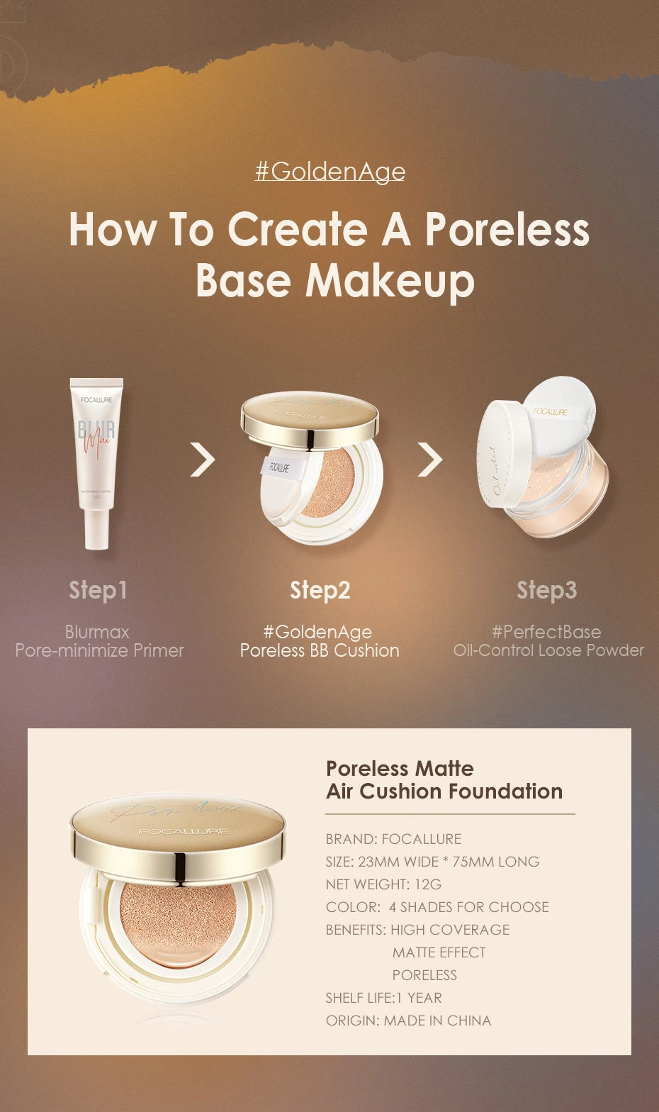 FOCALLURE Waterproof Matte Air Cushion Poreless BB＆CC Cream in USA