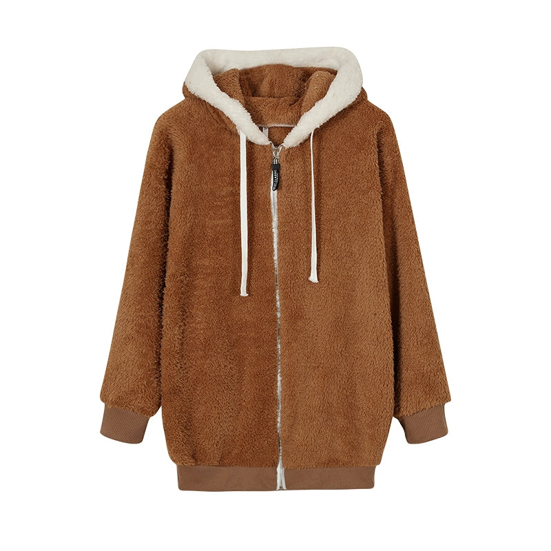 New Style Autumn And Winter Loose Plush Zipper Hooded Jacket Woman in USA