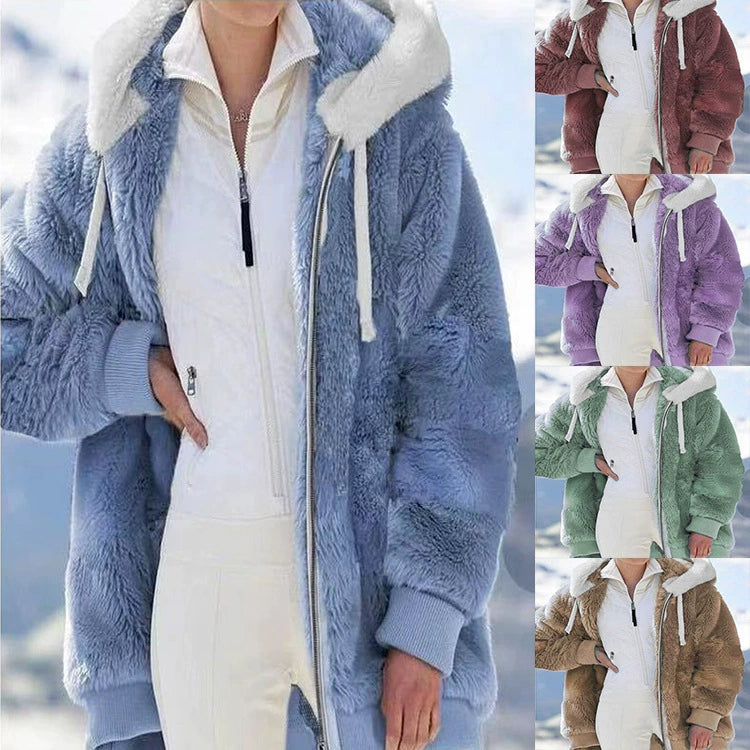 New Style Autumn And Winter Loose Plush Zipper Hooded Jacket Woman in USA