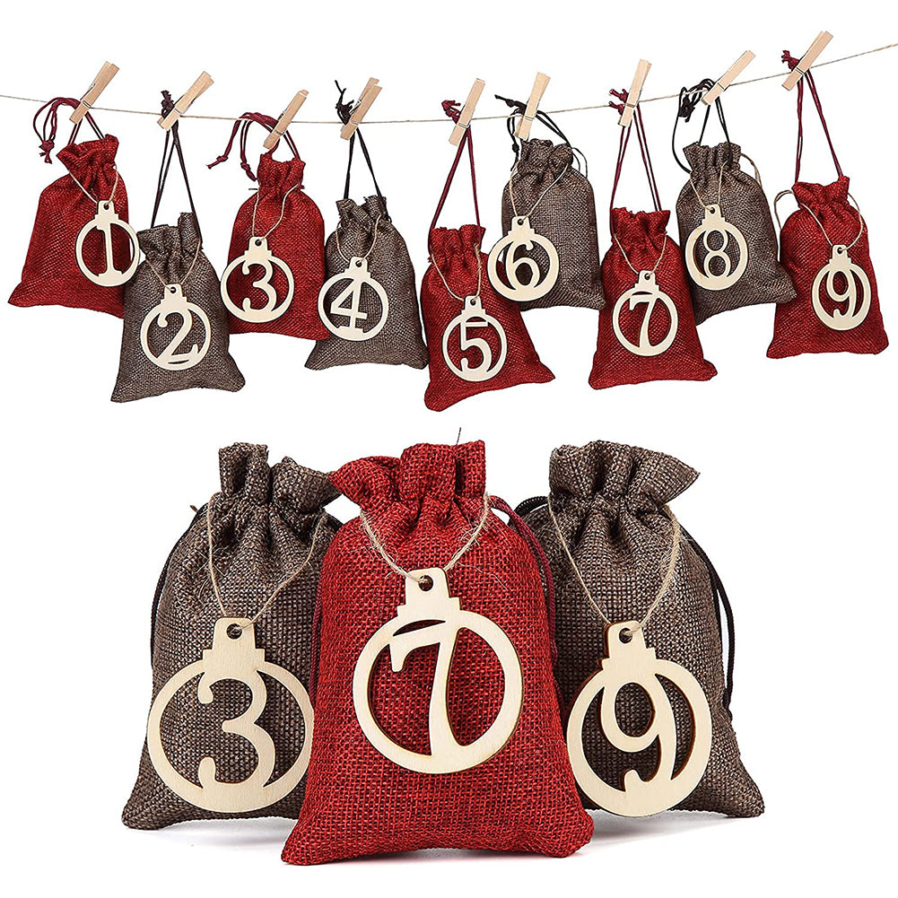 24PCS Christmas Advent Calendar Bags Set Burlap Advent Calendar Gift D