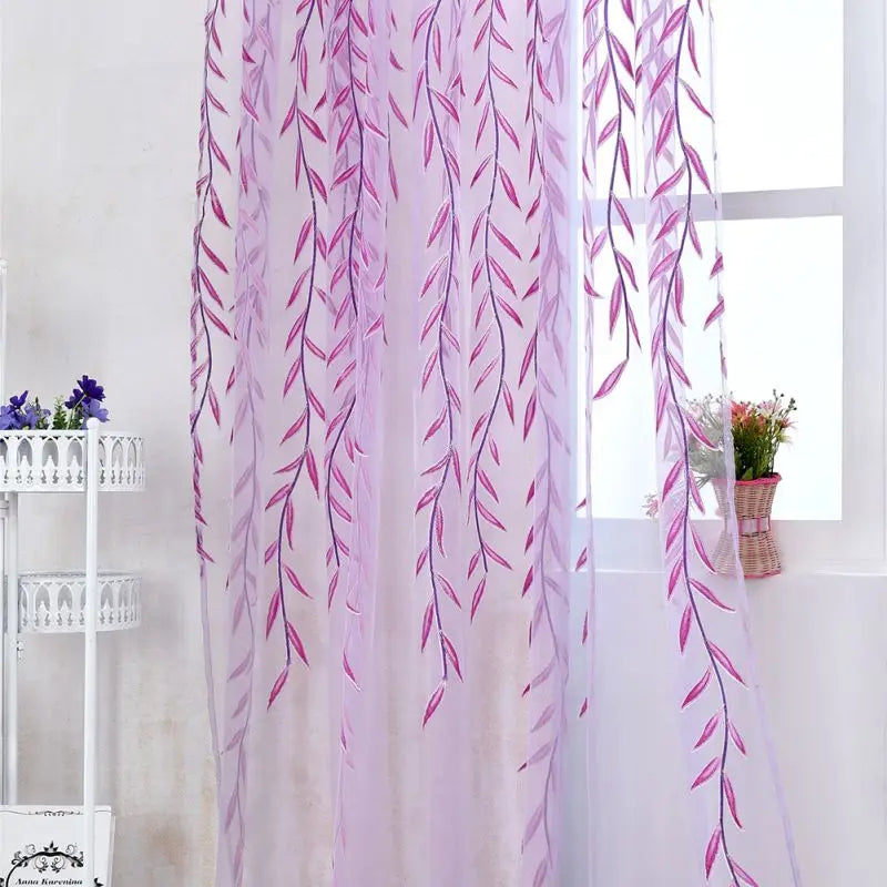 Green Purple Willow Sheer Curtains Window Yarn for Living Room Tulle C