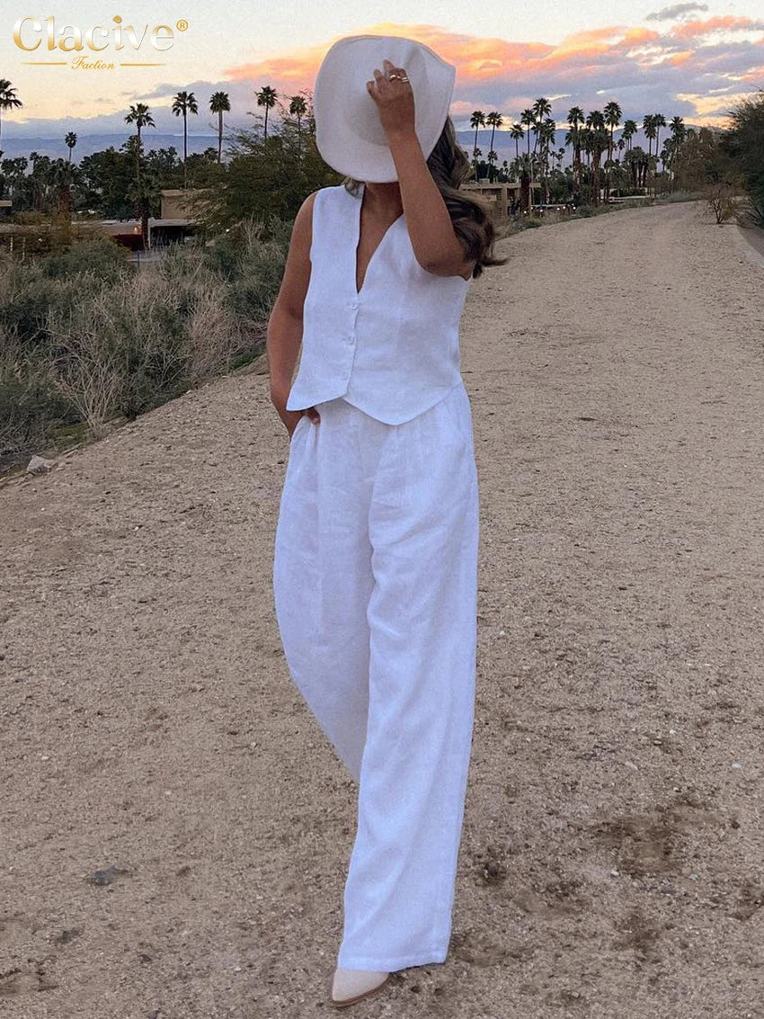 Clacive Summer White Linen Two Piece Set For Women 2023 Fashion Sleeve