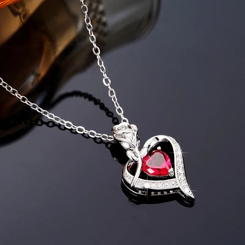 Luxury Red Zircon Heart Necklace Rose Gift Box in USA