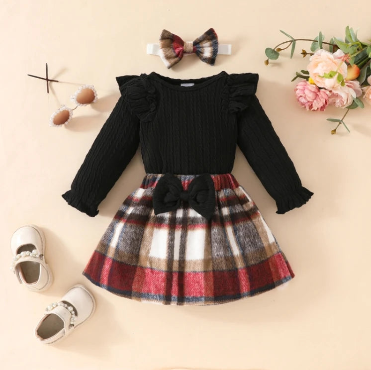 Plaid Print Skirt Headband Warm Baby's Clothes Set in USA