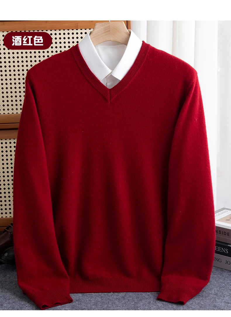 Men Merino Wool Sweater V-Neck Pullover Autumn Winter Cashmere in USA