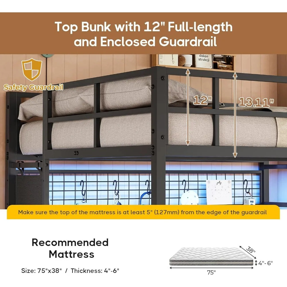 Twin Bunk Bed with Desk and Charging Station Metal