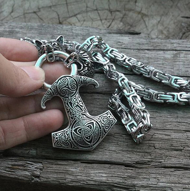 Nordic Necklace Double Wolf Head Thor's Hammer in USA