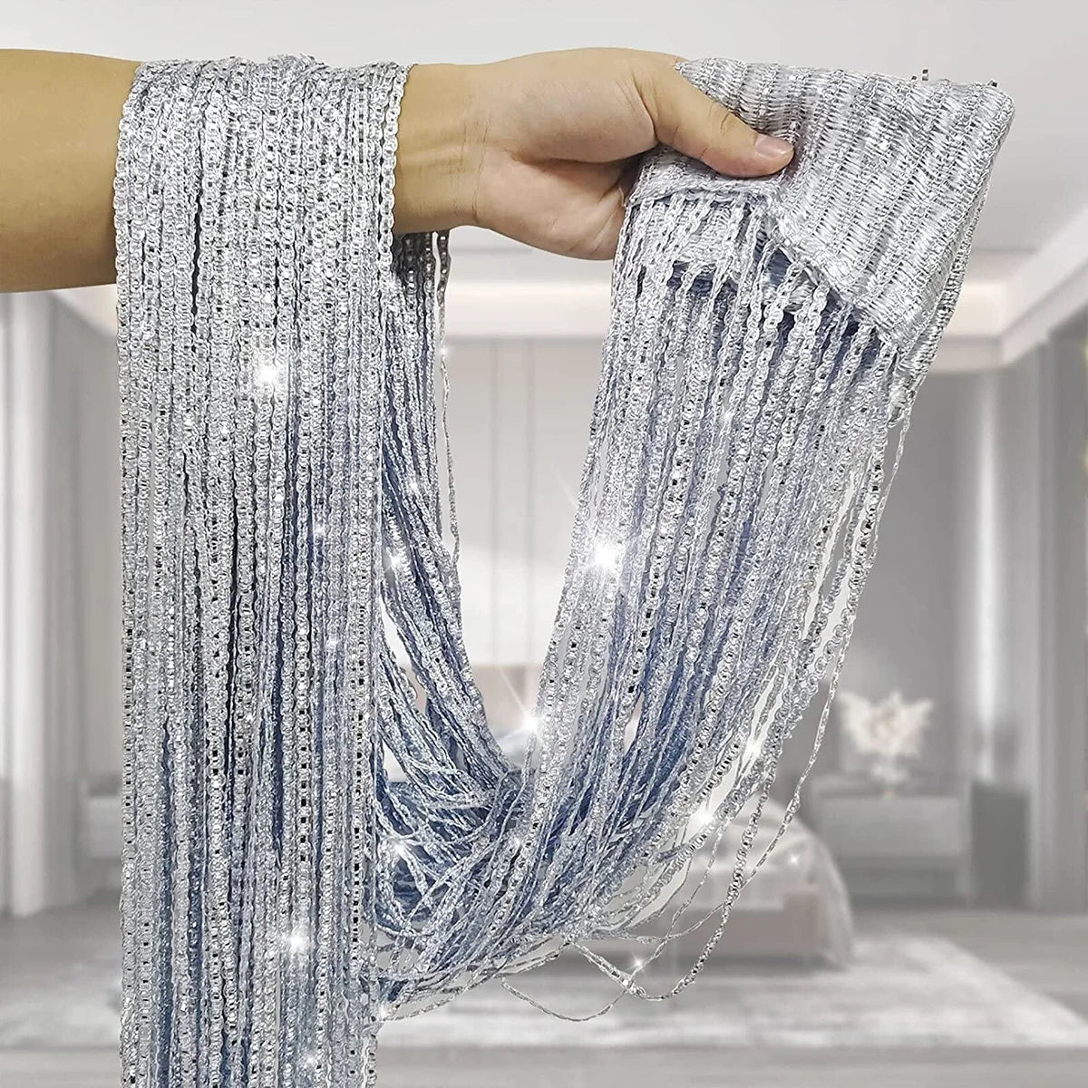 Glitter silver linear door curtain decorative fringe curtain IN USA.