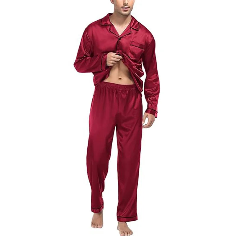 Large Size Solid Long-Sleeved Pyjamas Men Autumn Winter Silk in USA