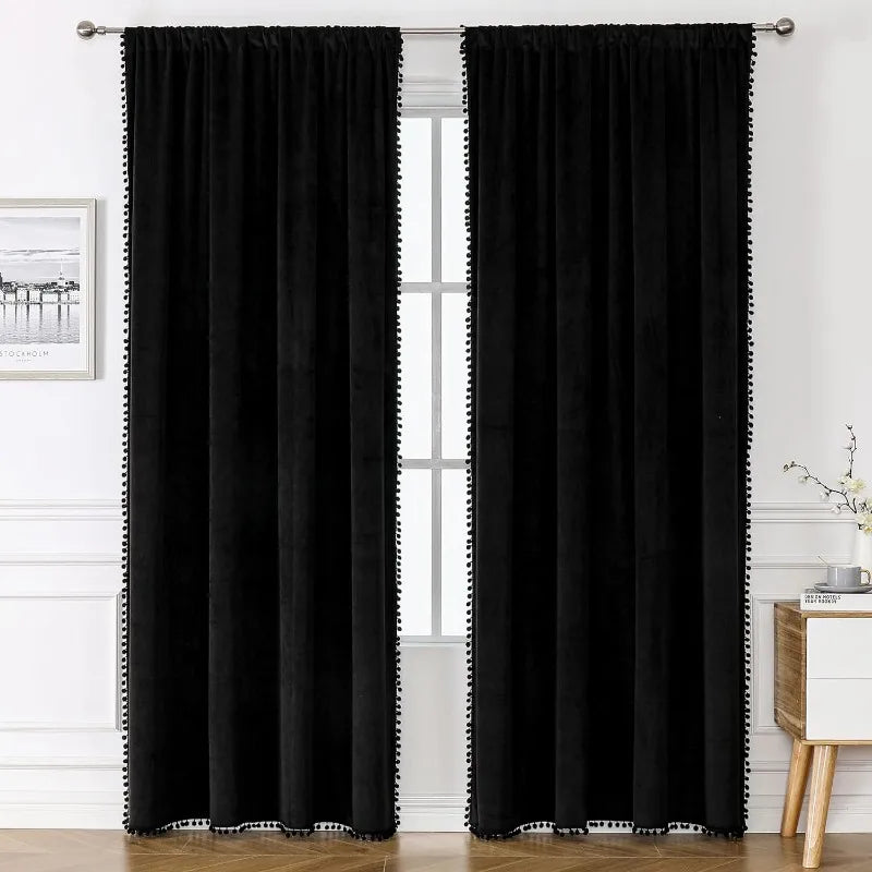 Pom Velvet Curtains for Bedroom, Blackout Curtains in USA