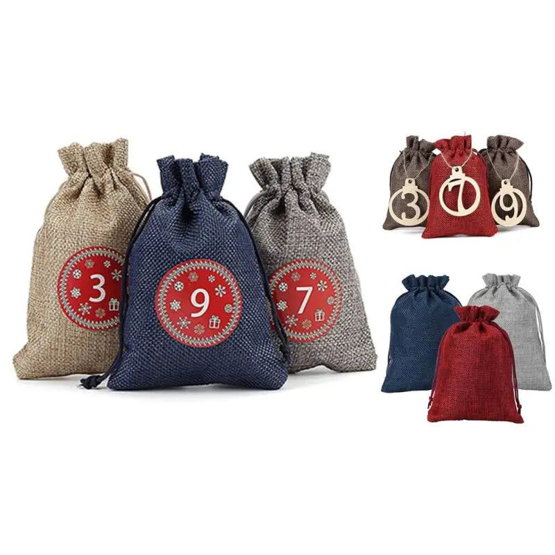 24PCS Christmas Advent Calendar Bags Set Burlap Advent Calendar Gift D