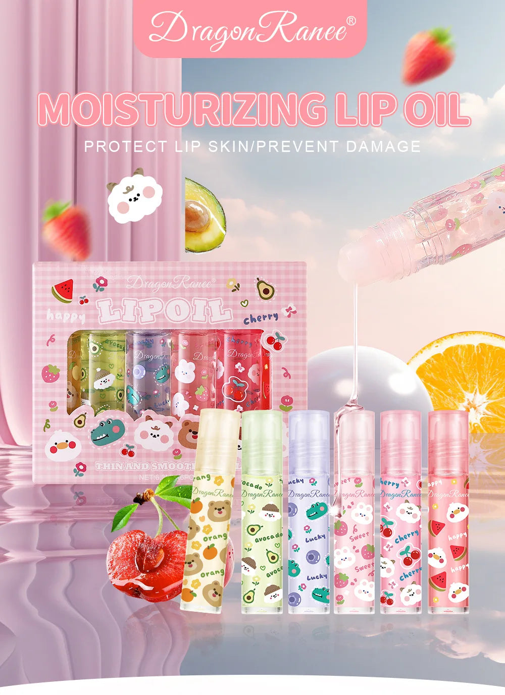 Cute Fruit Cartoon Lip Gloss Set Transparent Colourless Lip in USA