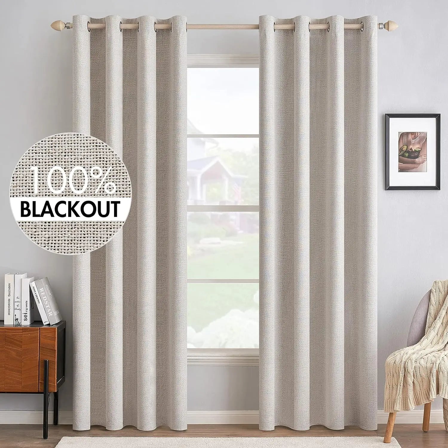 Blackout Linen Textured Curtains for Bedroom Solid Thermal Insulated G