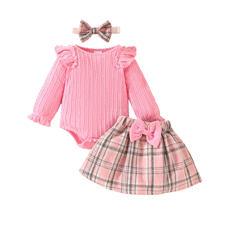 Plaid Print Skirt Headband Warm Baby's Clothes Set in USA