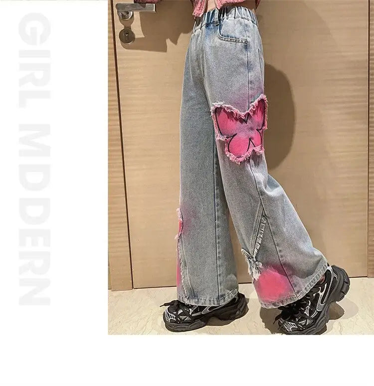 Girls High Waist Korea Style Long Jeans Teens Trousers in USA