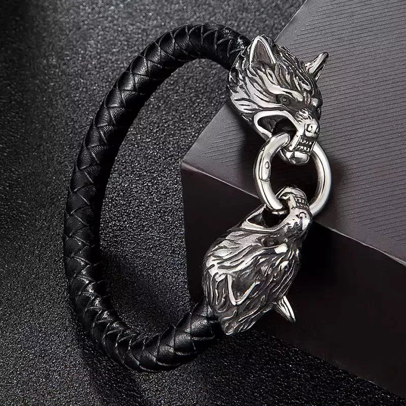 Retro Viking Double Wolf Head Leather Bracelet in USA