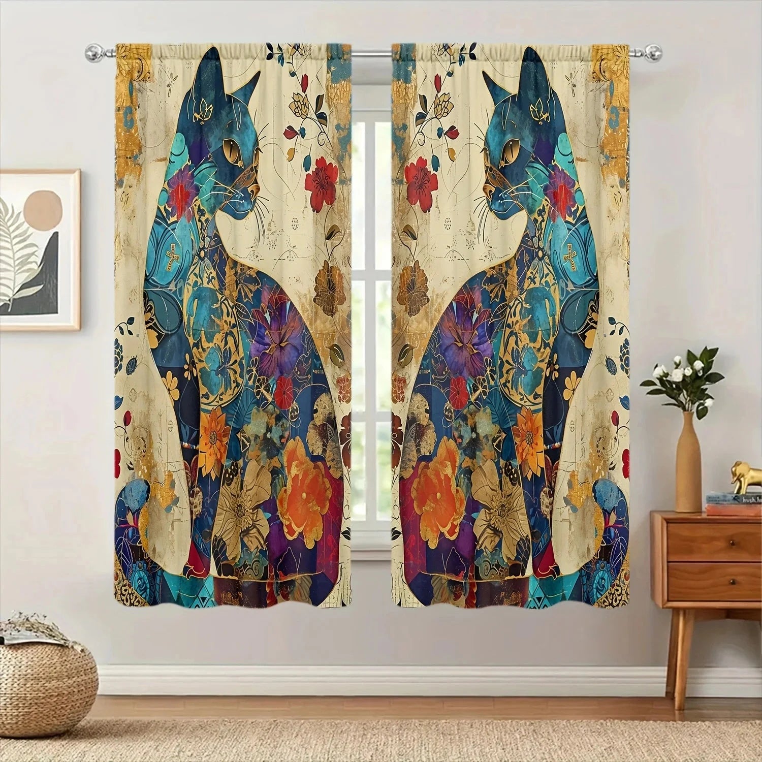 Artistic Cat Print Printed Curtain for Home Decor - Rod Pocket Window in USA