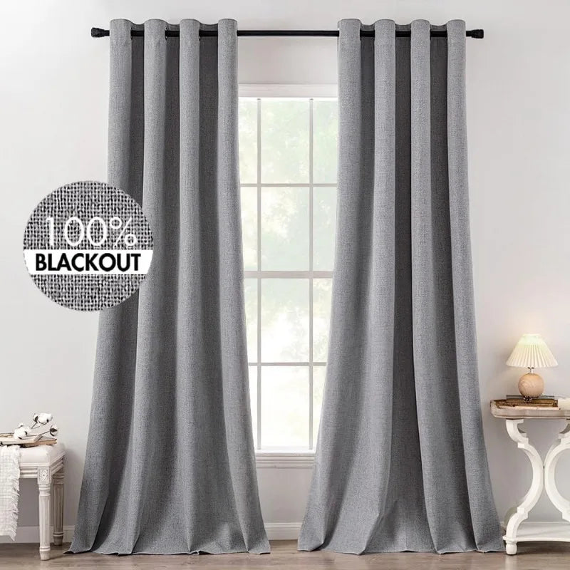 Blackout Linen Textured Curtains for Bedroom Solid Thermal Insulated G