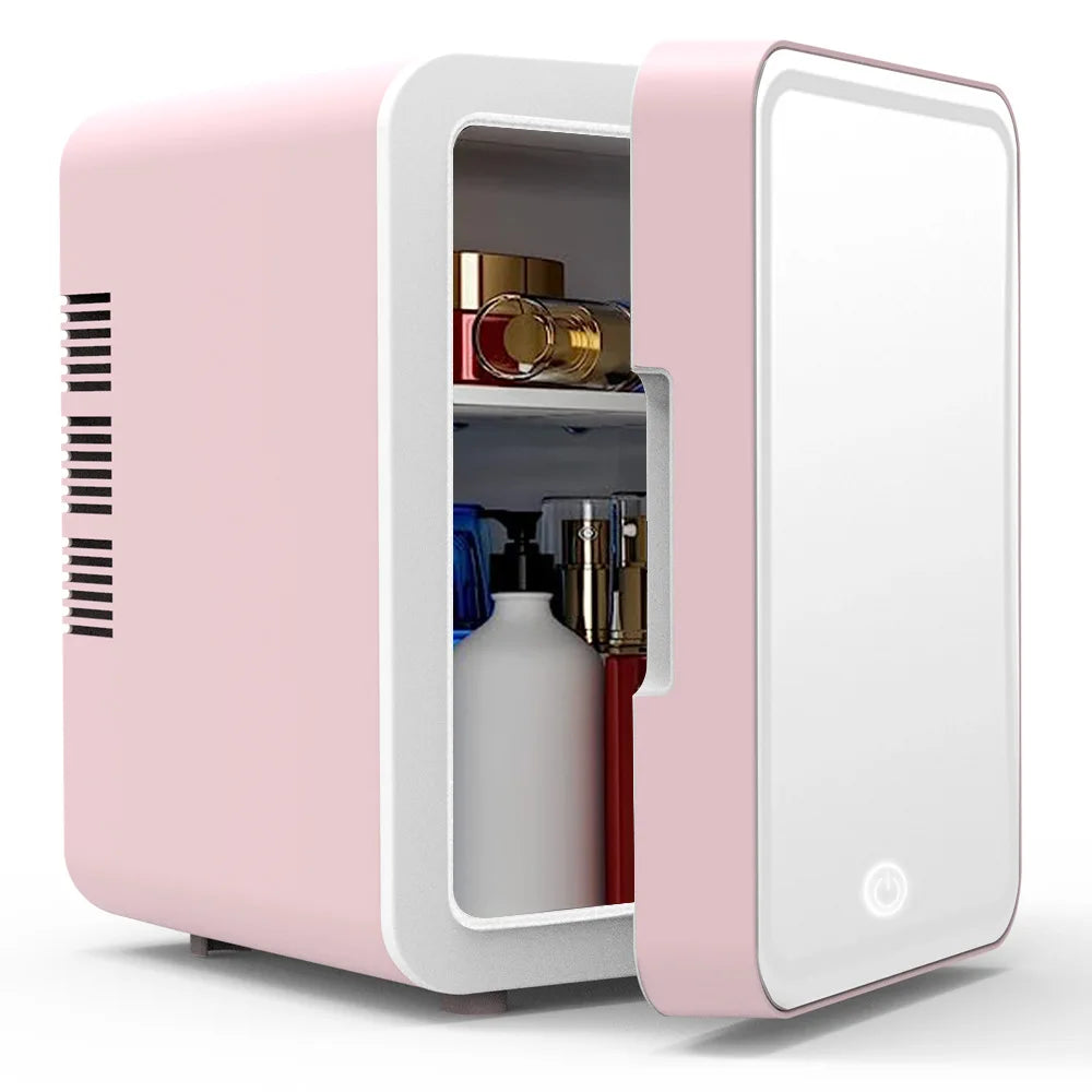 Mini Makeup Fridge Magnetic mirror door with LED light Pink in USA.