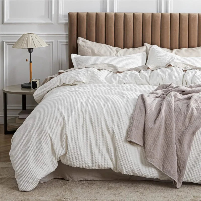 Cotton Waffle Weave Coconut White Duvet Cover Set