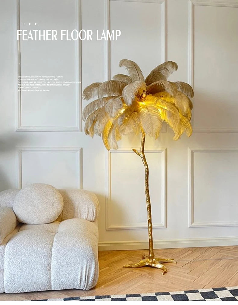 Nordic Ostrich Feather Led Floor Lamp Resin Copper IN USA.