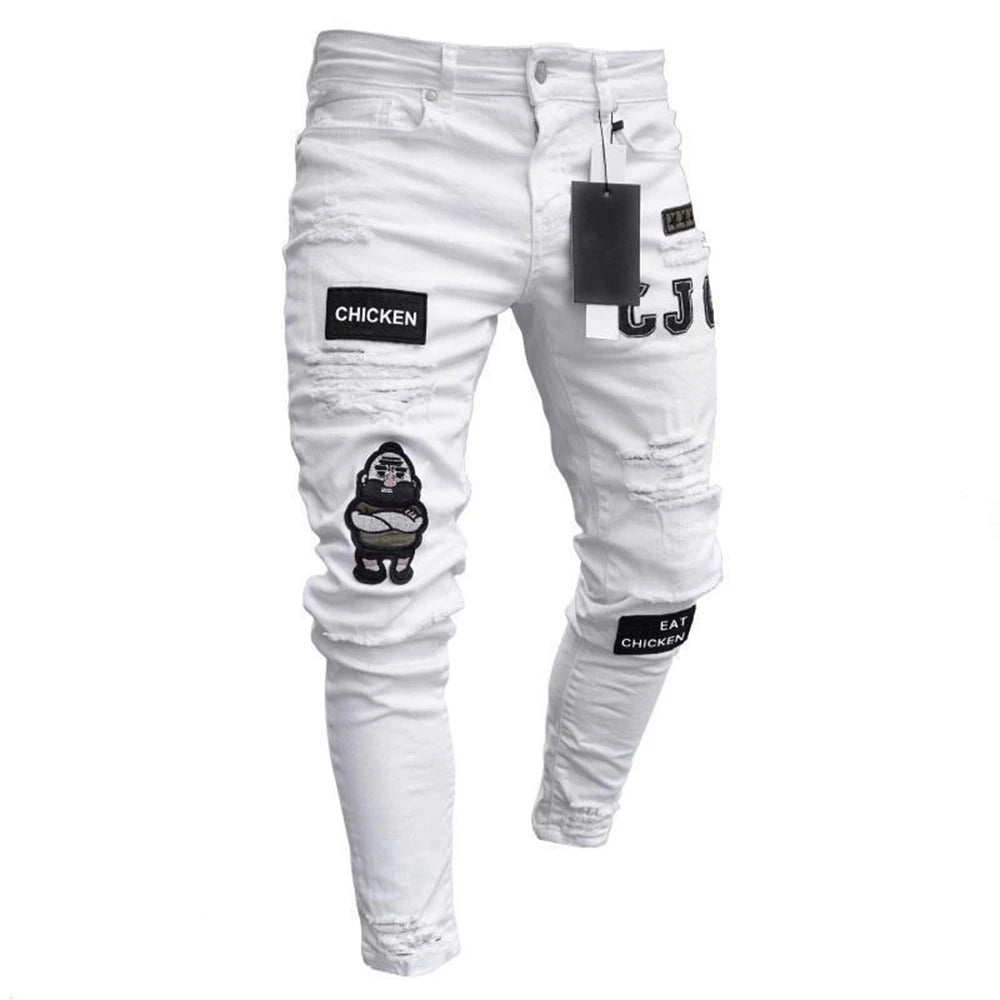 White Embroidery Skinny Ripped Jeans Men Cotton in USA