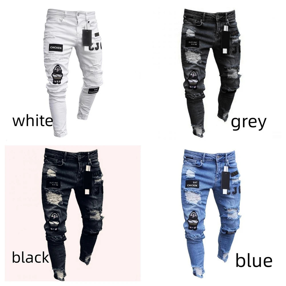 White Embroidery Skinny Ripped Jeans Men Cotton in USA