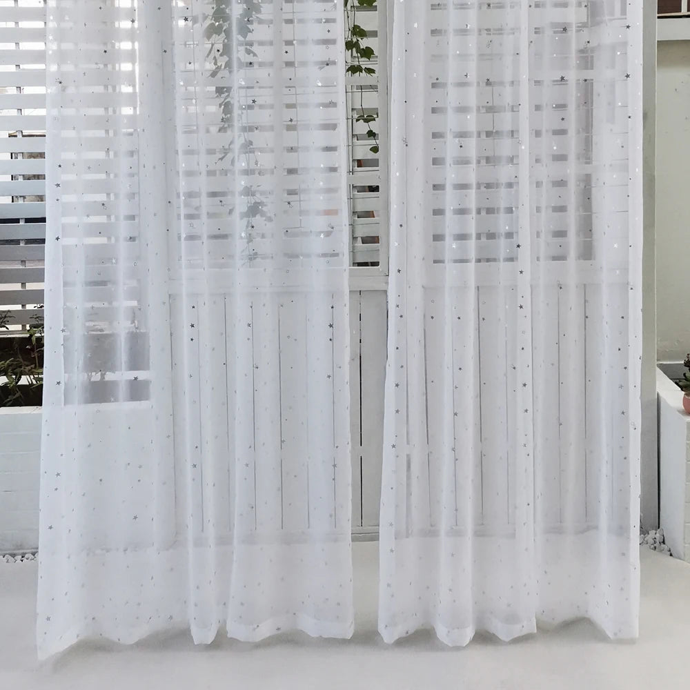 White Shiny Sliver Stars Tulle Curtains For Kids Room Modern IN USA.