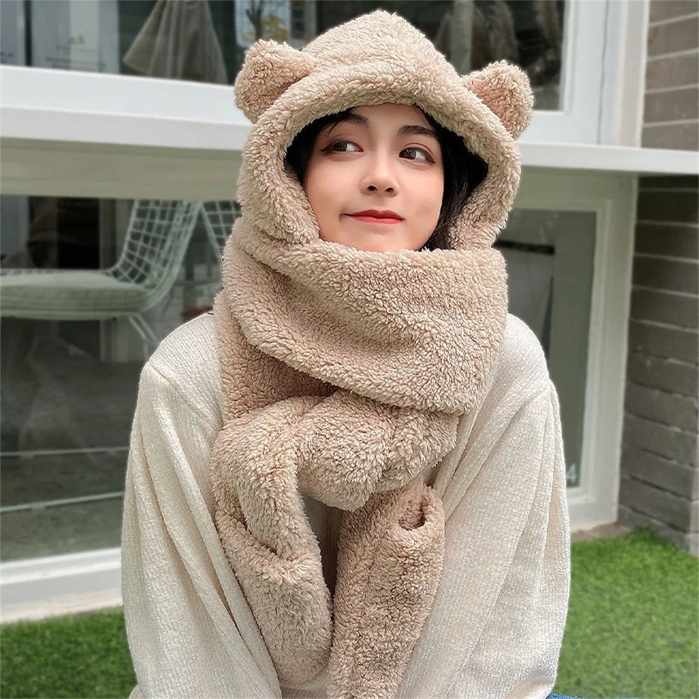 Winter Lamb Wool Cute Bear Ear Hat Scarf Gloves Set Women Caps in USA