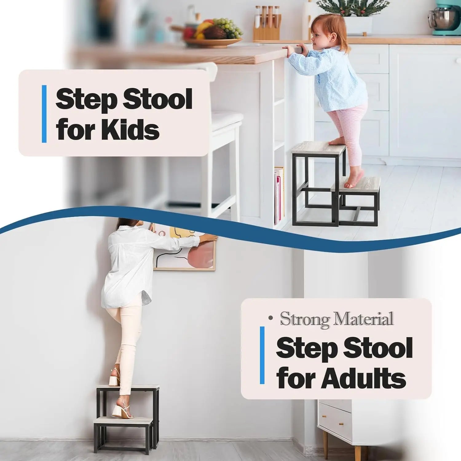 Adult child footstool, heavy-duty sturdy two-step stool,IN USA.