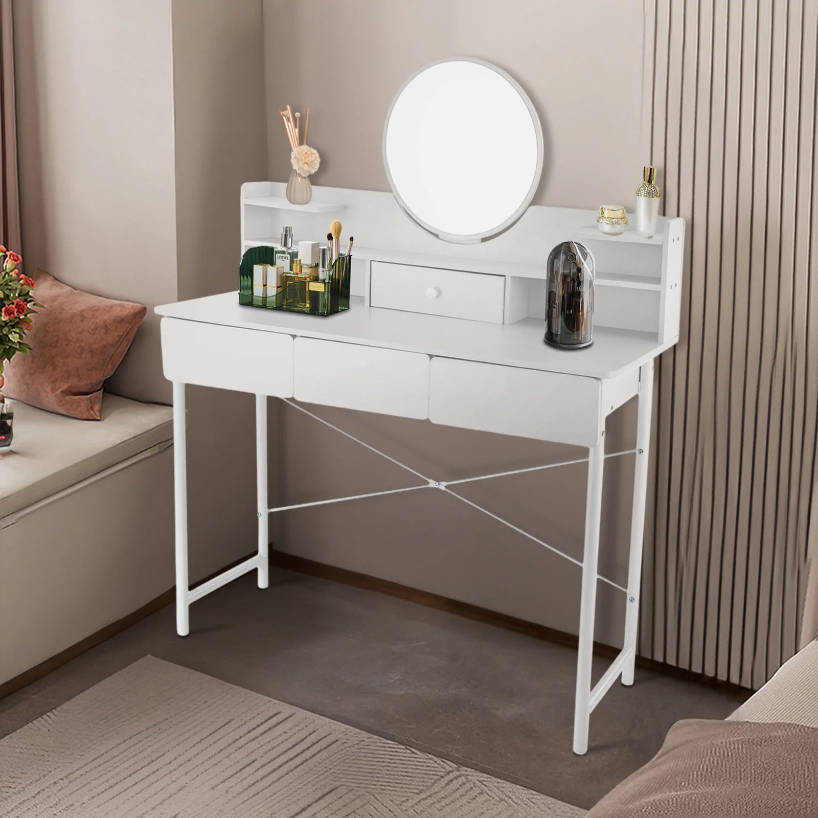 Bedroom Makeup Desk Drawers White Dressing Table IN USA.